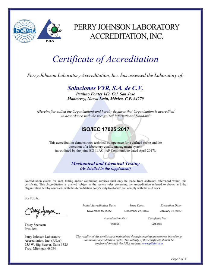 Certificado de acreditación ISO/IEC 17025:2017 emitido a Soluciones VYR